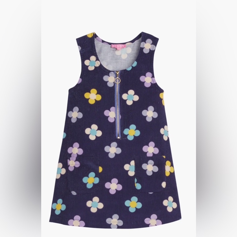 Bisby Jumper Dress Girl’s 12 L Navy Blue Retro Flower Power Zip-Front - Picture 2 of 9